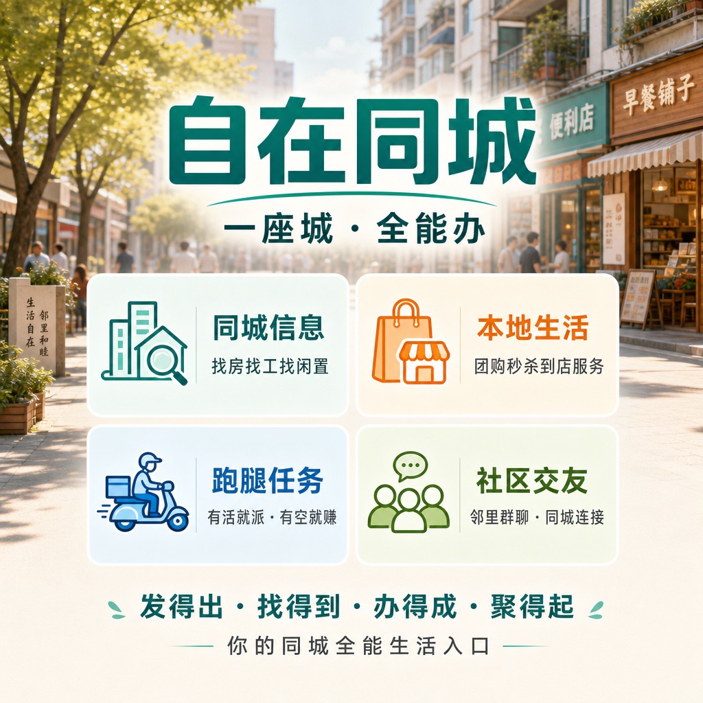 ZiZai TongCheng promotional image — local info, local life, errands, and community networking