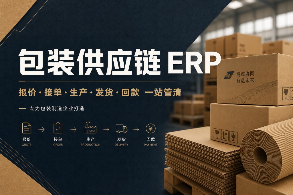 Packaging Supply Chain ERP promotional image — one-stop management for quote, order, production, delivery, and payment